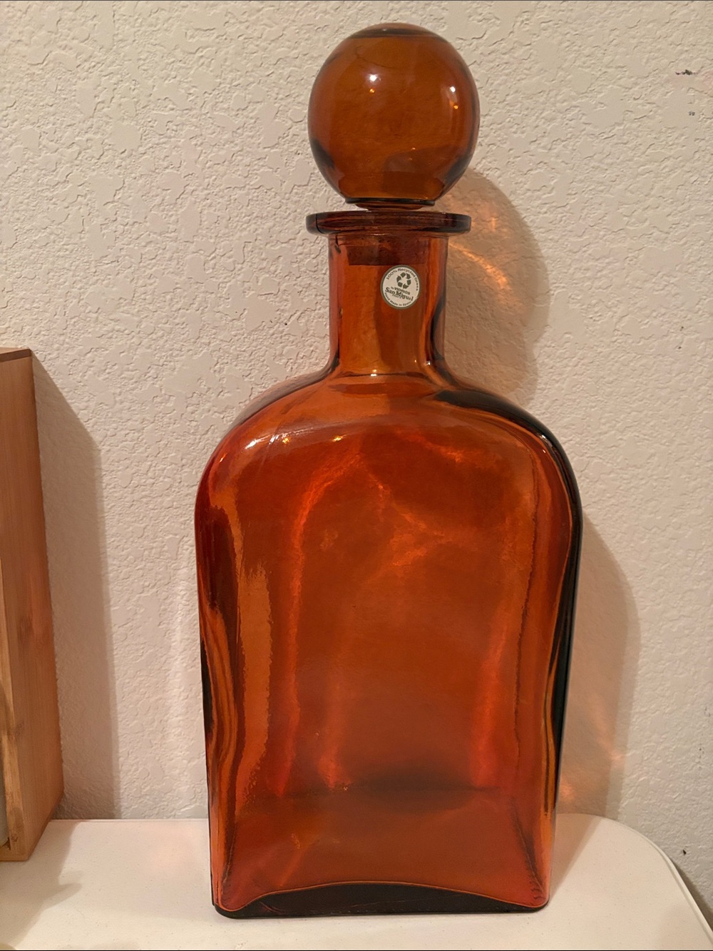San Miguel Amber Glass Decanter Bottle - 1970s Style Home Art